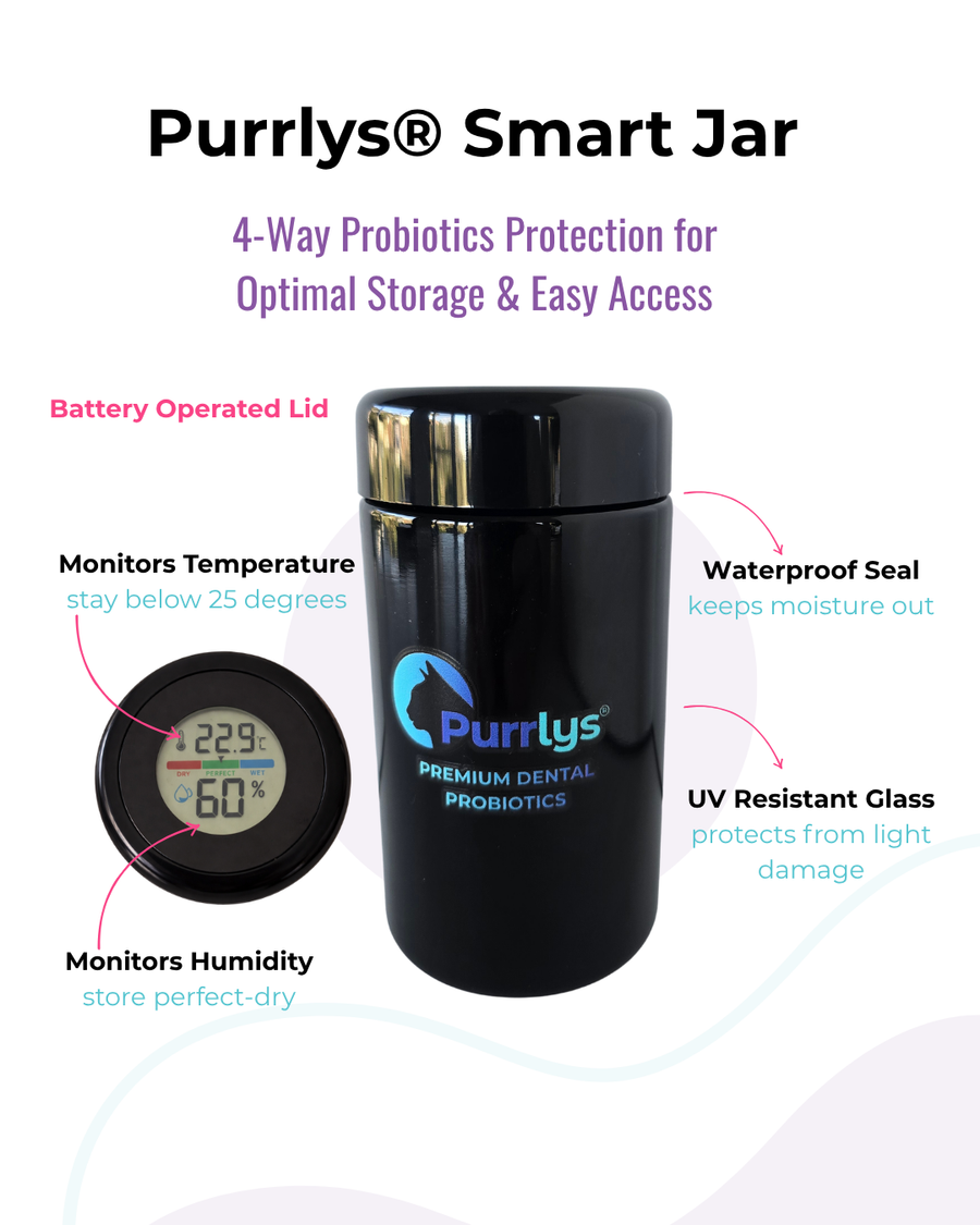 Purrlys Smart Jar UV-resistant black borosilicate glass  with a glossy finish, featuring the Purrlys logo, shown alongside a circular inset of its battery-operated lid with digital temperature and humidity monitor. The image includes descriptive text: Monitors Temperatures, Humidity on a white background. 